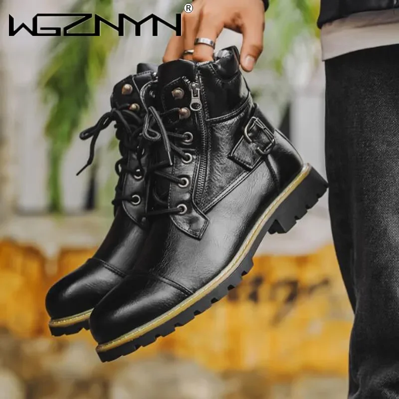 Men'S Shoes Zipper - Men Motorcycle Leather Boots Double Zipper